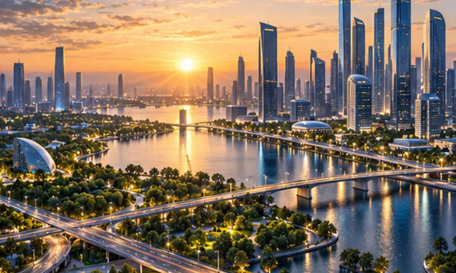 Responsibly planned city growing at sunrise