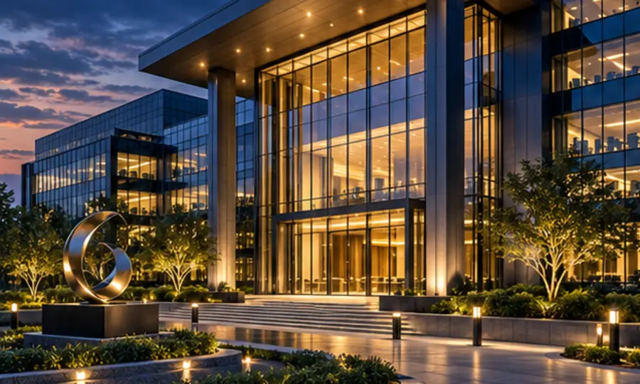 Modern operating company headquarters at blue hour