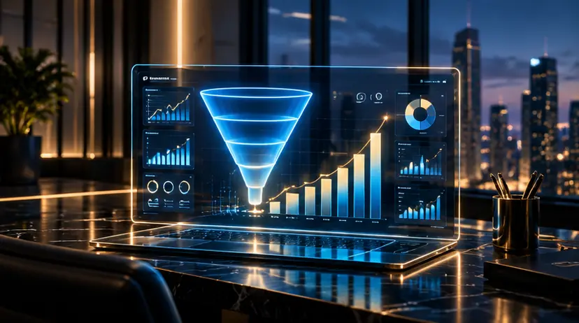 Analytics dashboard showing a luminous revenue funnel