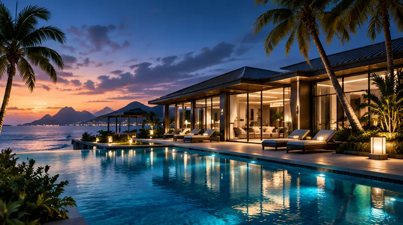 Luxury tropical villa and infinity pool at sunset