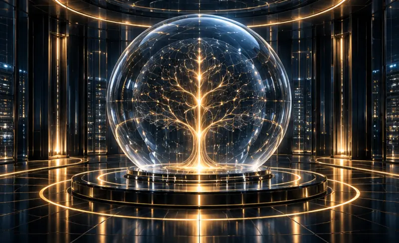 Luminous digital intelligence core inside a glass sphere