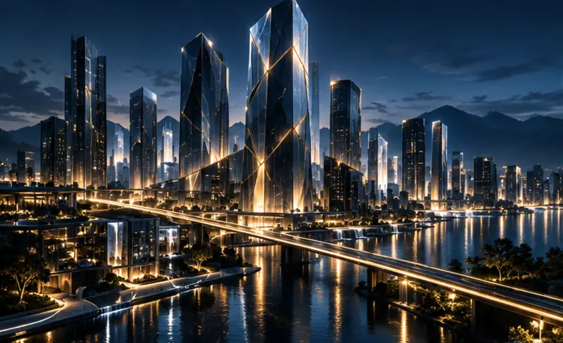 Futuristic illuminated city skyline by the water