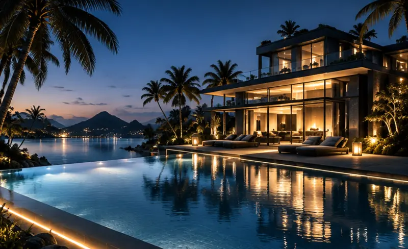 Luxury waterfront villa surrounded by palm trees