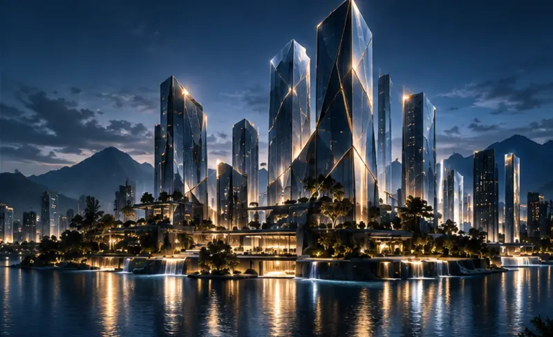 Visionary golden towers in a future city