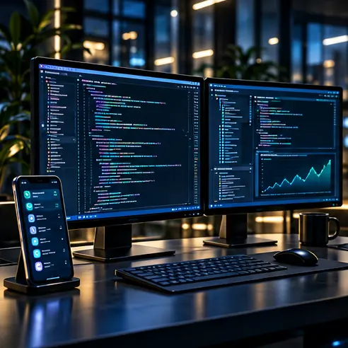Engineering workstation with code displays and a connected mobile device