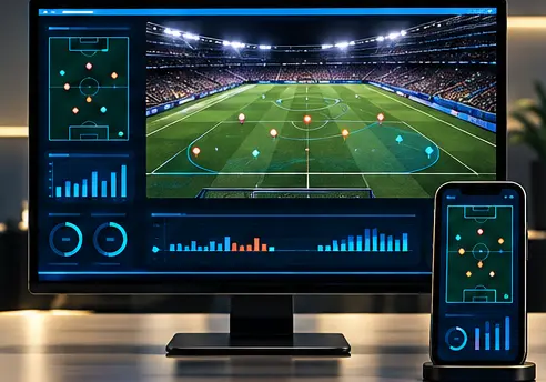 Sports analytics workstation overlooking a stadium