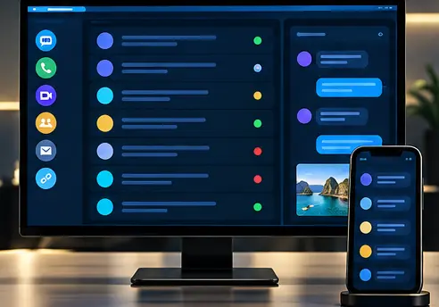 Unified communications dashboard on a desktop monitor and phone