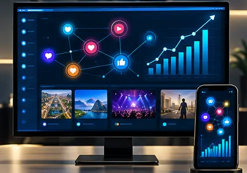 Social conversion intelligence dashboard on a desktop monitor and phone